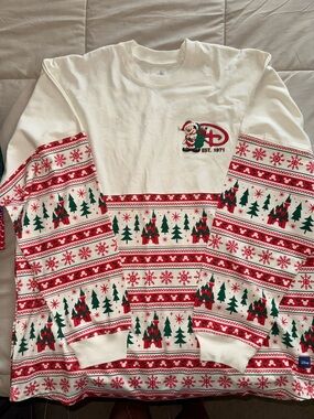 Disney White Red Green Holiday Mickey Castle Pullover